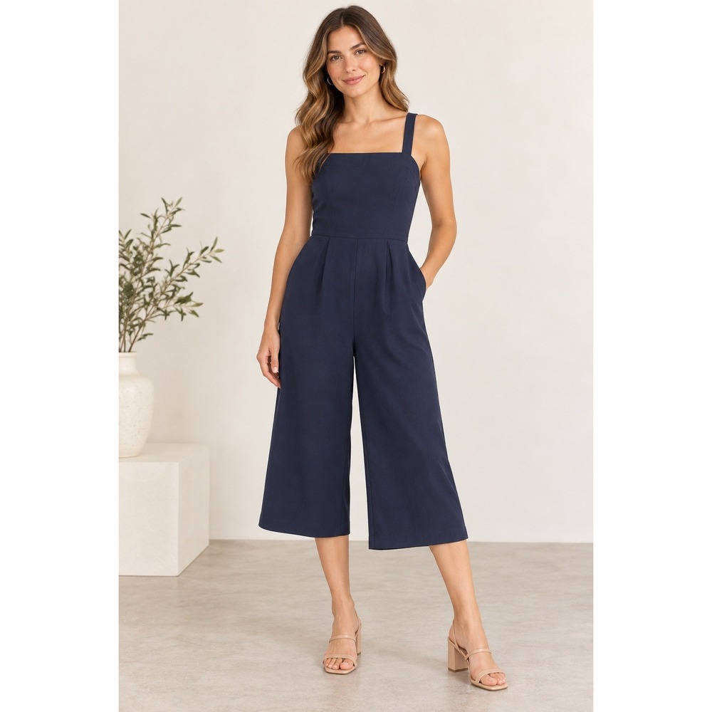 Lulus Navy Blue Square Neck Wide Leg Cropped Jumpsuit Small Pockets Sleeveless